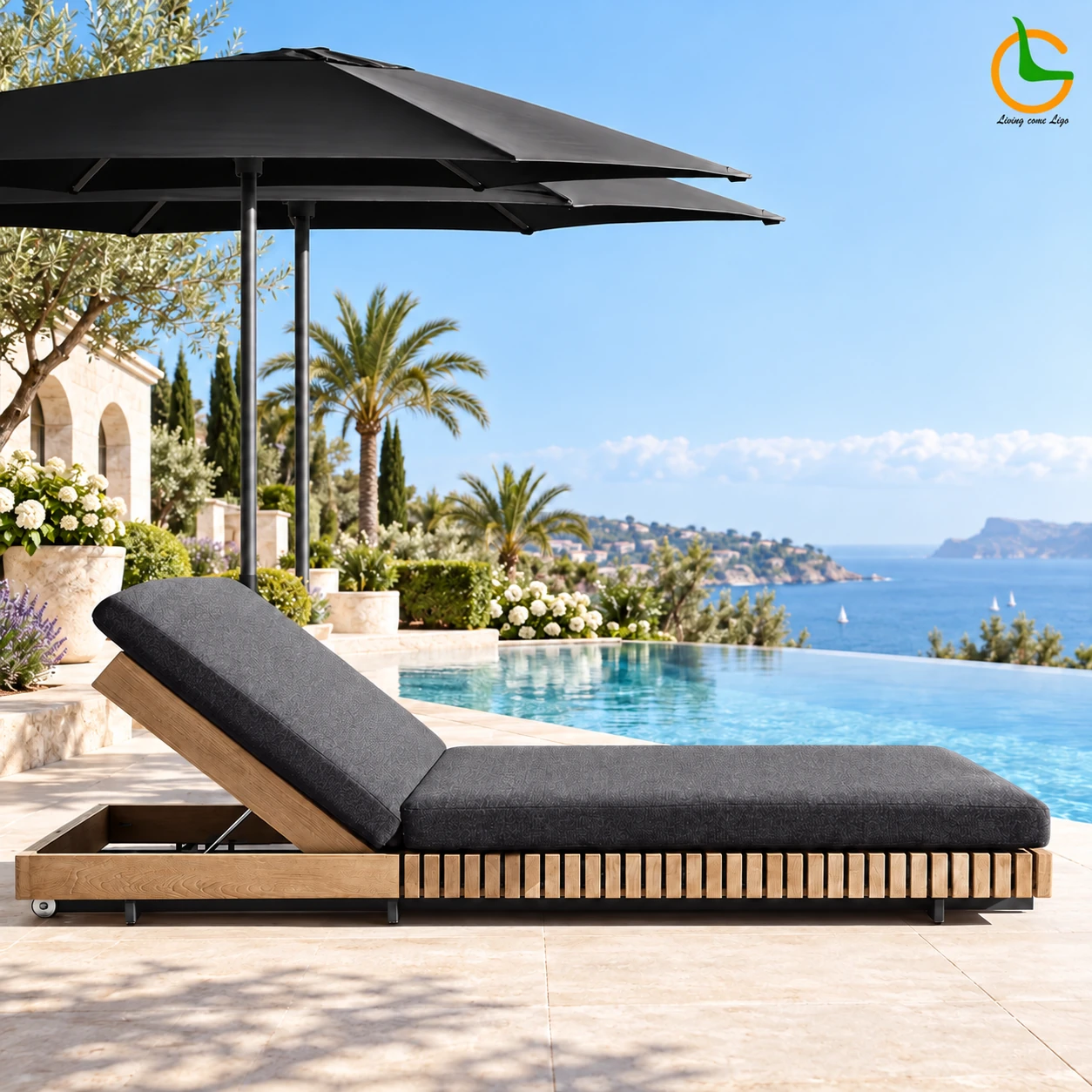 LG360-7 teak sun lounger poolside styling reference with grey cushions and black umbrellas