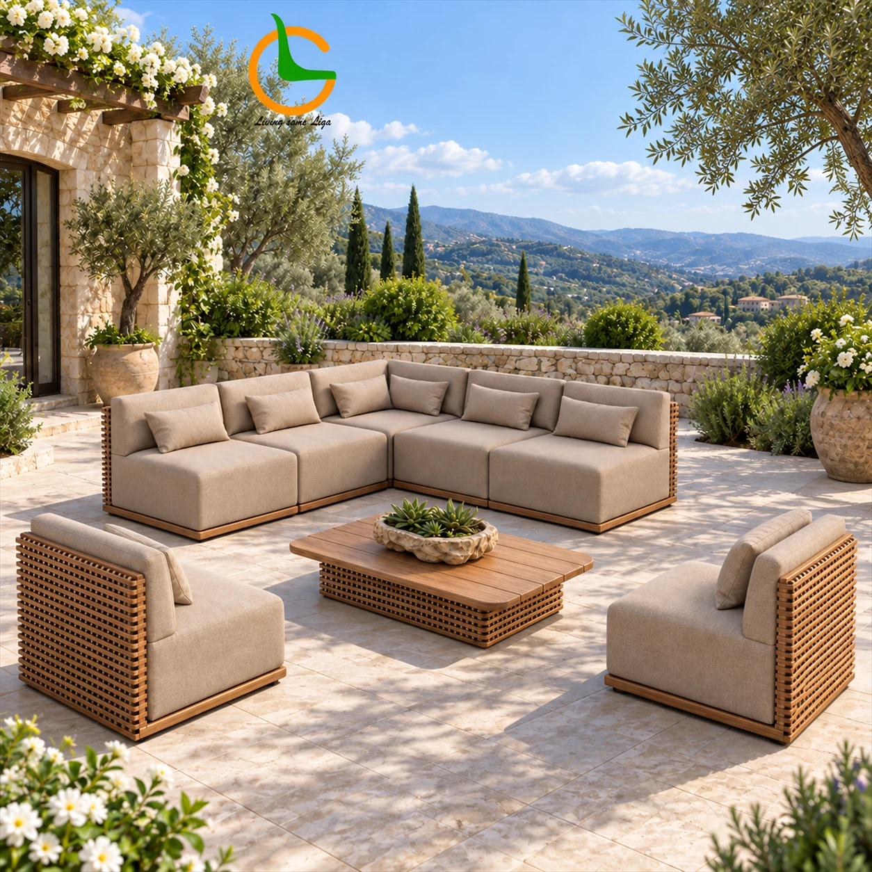 LG522-style modular sofa and separate seating in a stone courtyard styling reference