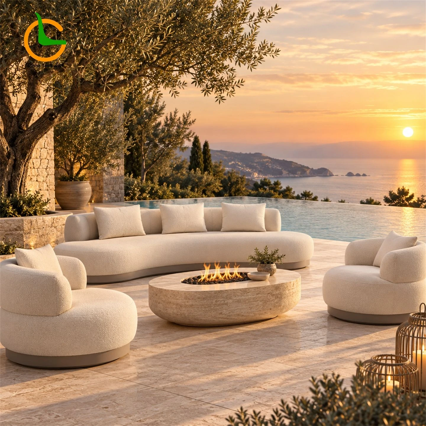 LG595-style curved sofa and lounge chairs in a sea-view terrace styling reference