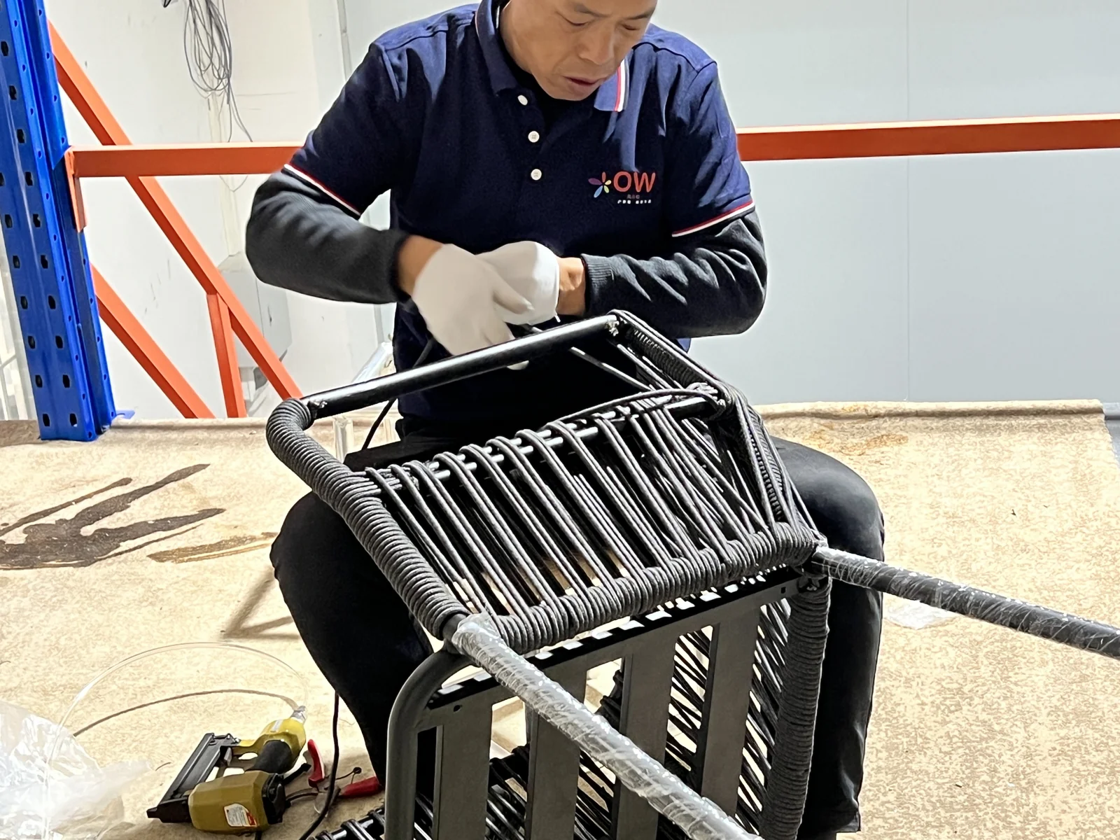Hand weaving of an outdoor chair