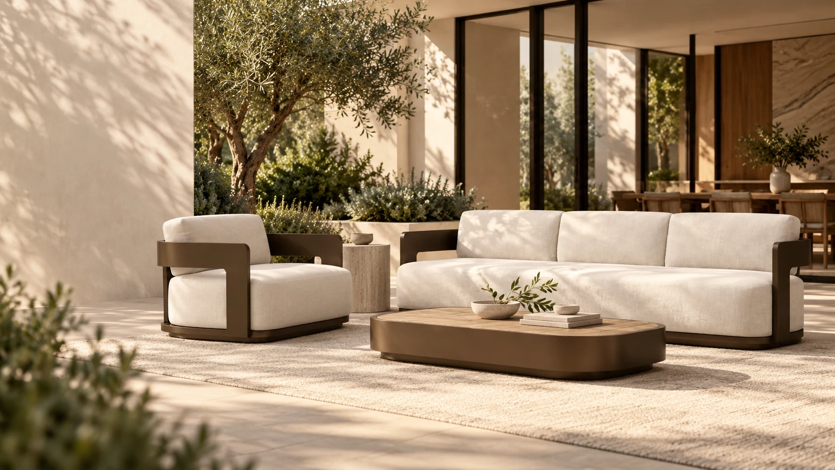 Aluminum outdoor seating in a garden courtyard — generated setting
